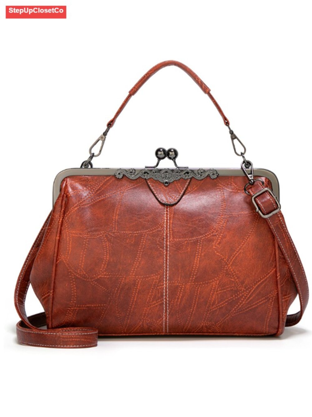 Women Retro Kiss Lock Handbag Satchel PU Leather Shoulder Crossbody Tote - Picture 6 of 6